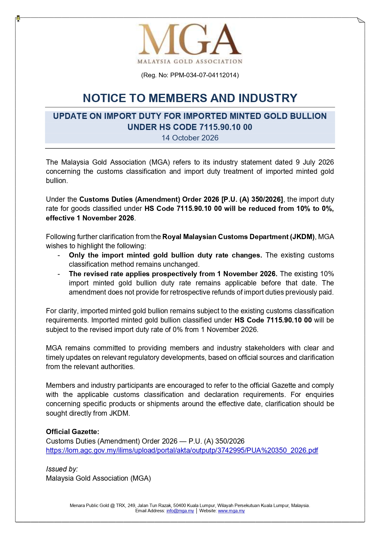 UPDATE ON IMPORT DUTY FOR IMPORTED MINTED GOLD BULLION
